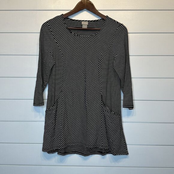 Chicos 0 Top Small Black White Stripes Stretch 3/4 Sleeve Pockets Tunic Blouse - Picture 2 of 7